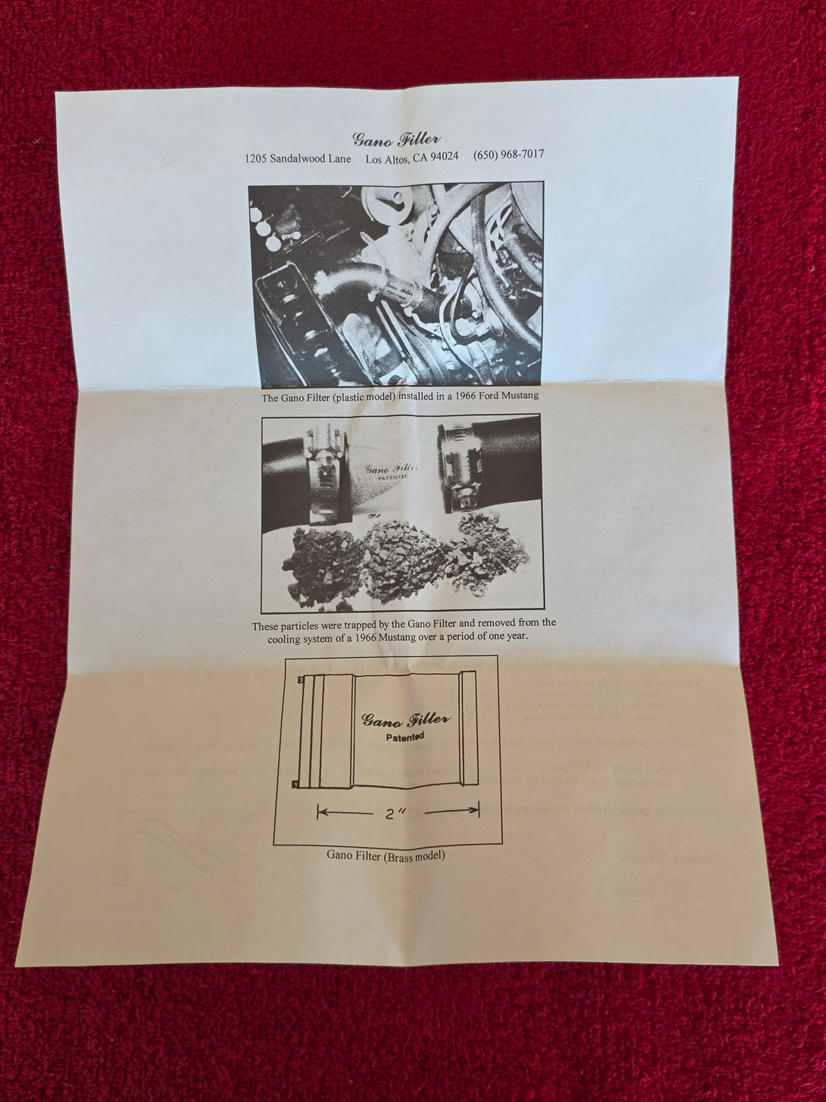 Gano Filter sheet showing the filter installed in a 1966 Ford Mustang and the brass model diagram