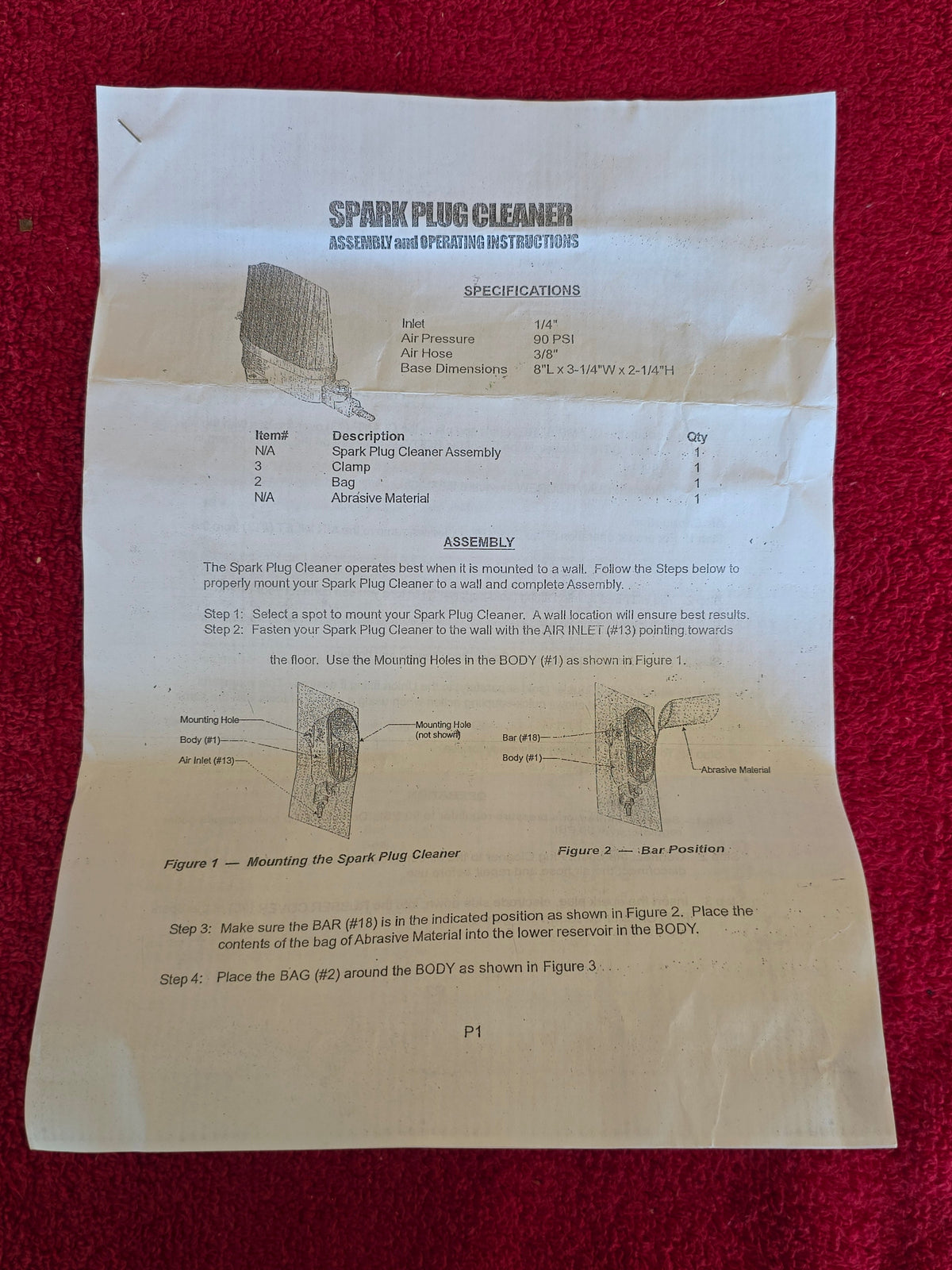 Spark plug cleaner instruction sheet page one with specifications and mounting diagrams