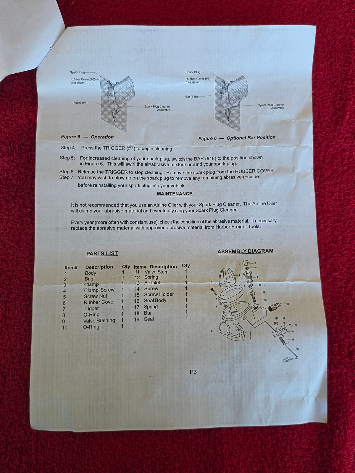 Instruction sheet page three with the 19-item parts list and assembly diagram