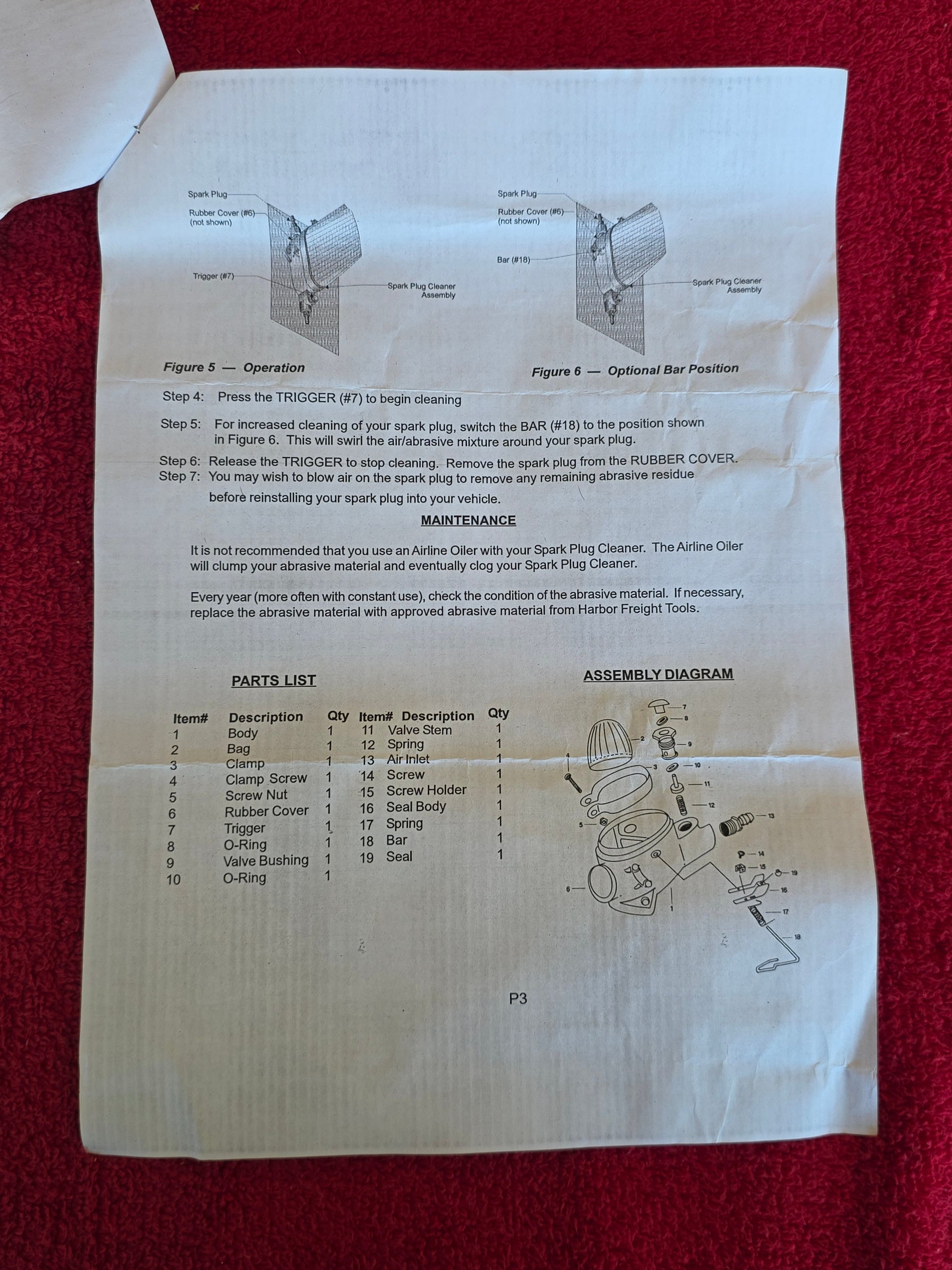 Instruction sheet page three with the 19-item parts list and assembly diagram