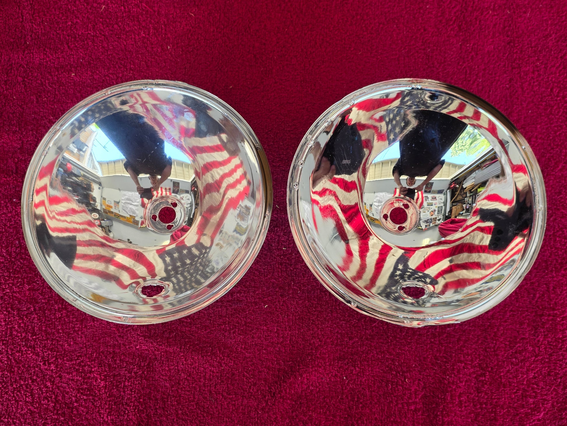 Pair of reproduction Ford 48-13028 two-bulb headlight reflectors, bright chrome reflective faces, 7-7/8 inch outside diameter