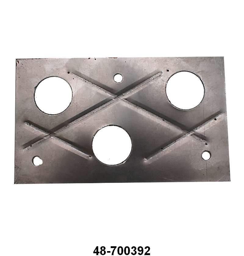 Reference photo of the Ford 48-700392 pedal and steering column floor plate showing the X-pattern ribs, three large openings and starter button opening