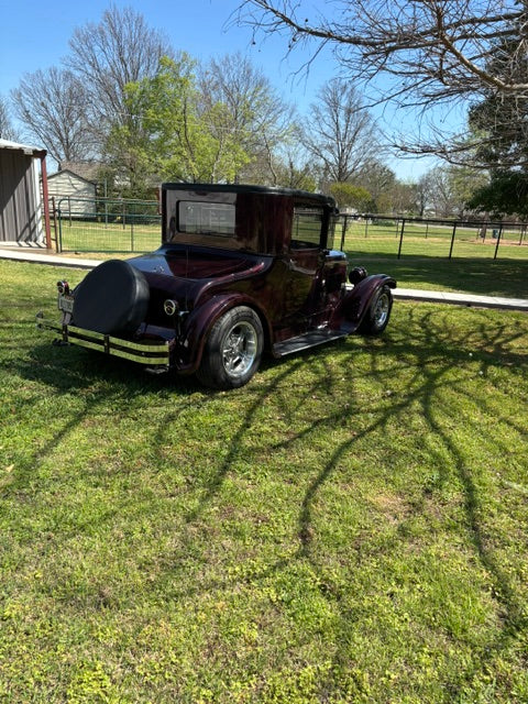 1926 Dodge coupe rear three-quarter - spare tire on chrome brackets, custom rollpan, new black top