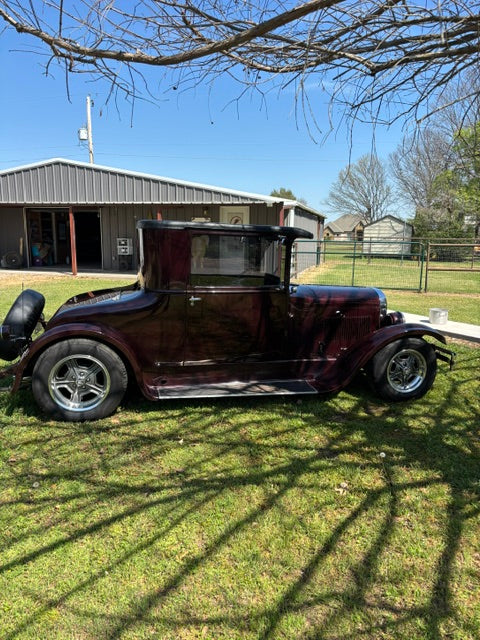 1926 Dodge coupe driver side profile - level stance and rake from the staggered Race Star wheels, louvered hood sides
