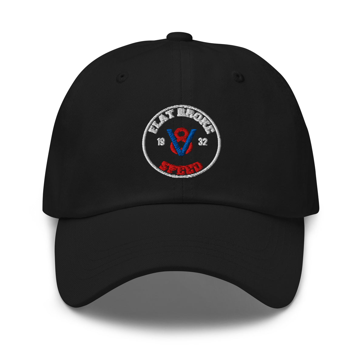 Flat Broke Speed 1932 V8 badge embroidered dad hat, Black, front