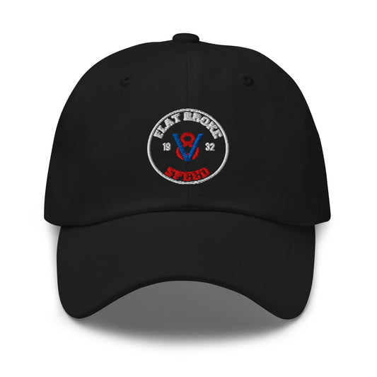 Flat Broke Speed 1932 V8 badge embroidered dad hat, Black, front