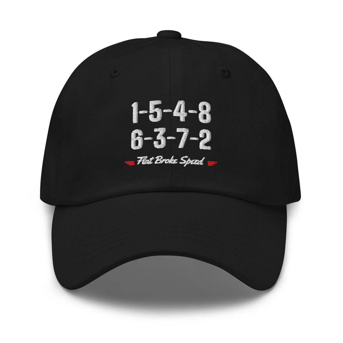 Flat Broke Speed 1-5-4-8 6-3-7-2 firing order dad hat, Black, front