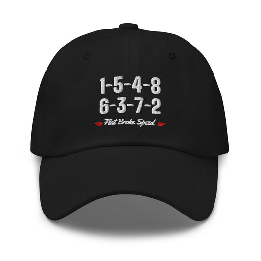 Flat Broke Speed 1-5-4-8 6-3-7-2 firing order dad hat, Black, front
