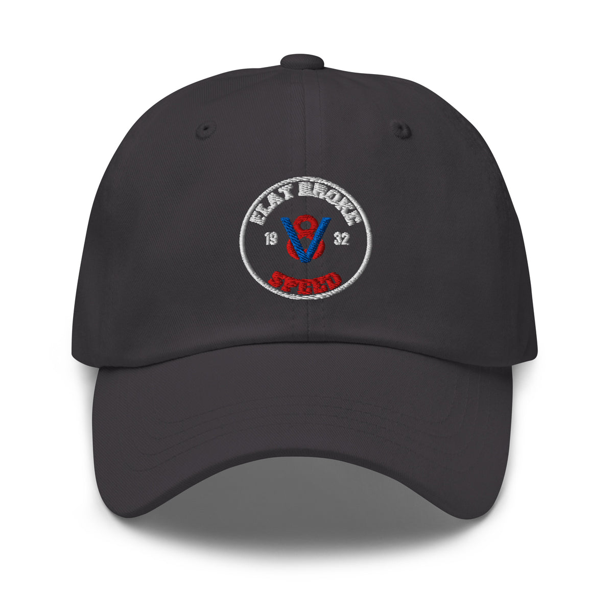Flat Broke Speed 1932 V8 badge embroidered dad hat, Dark Grey, front