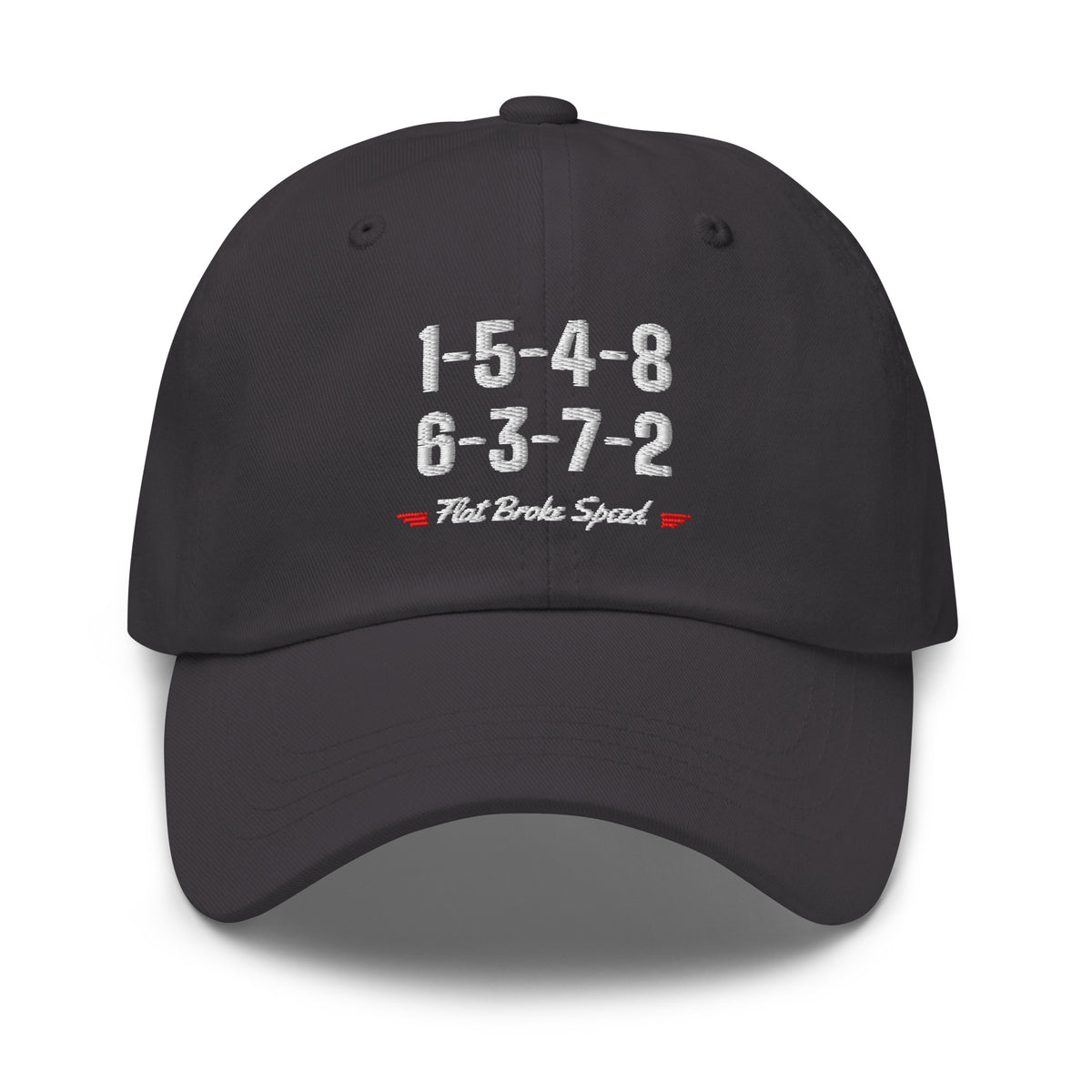 Flat Broke Speed 1-5-4-8 6-3-7-2 firing order dad hat, Dark Grey, front