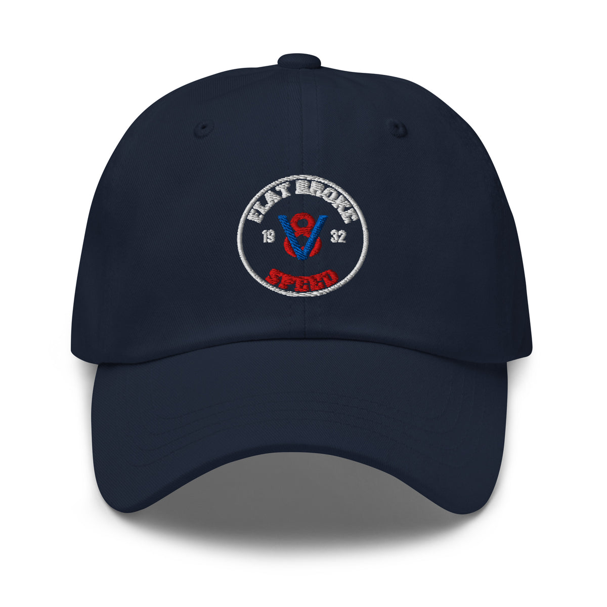 Flat Broke Speed 1932 V8 badge embroidered dad hat, Navy, front