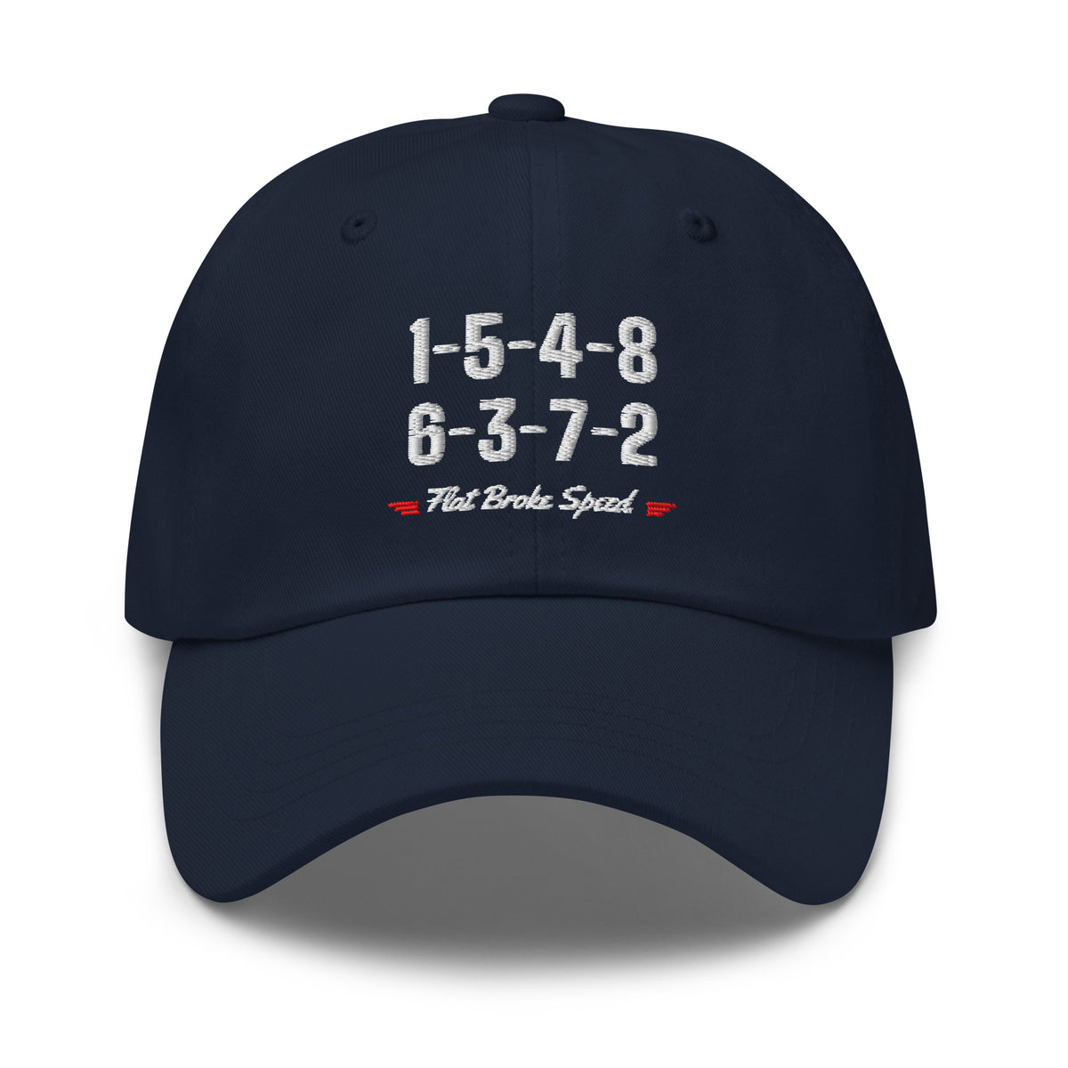 Flat Broke Speed 1-5-4-8 6-3-7-2 firing order dad hat, Navy, front