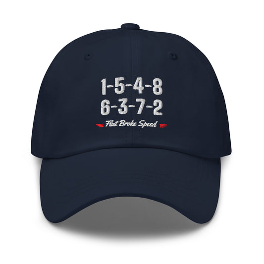 Flat Broke Speed 1-5-4-8 6-3-7-2 firing order dad hat, Navy, front