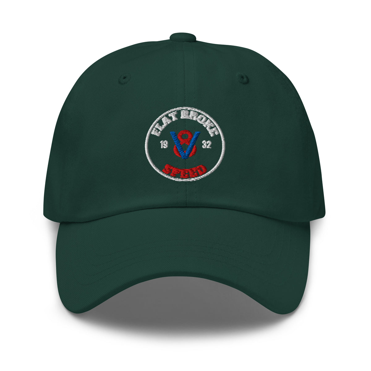 Flat Broke Speed 1932 V8 badge embroidered dad hat, Spruce, front