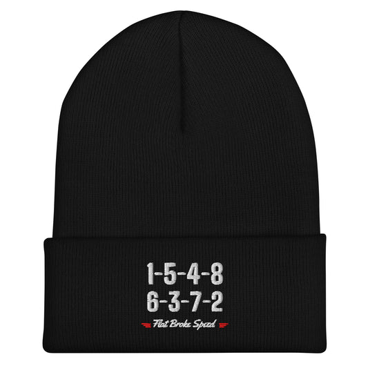 Flat Broke Speed 1-5-4-8 6-3-7-2 firing order cuffed beanie, Black, front