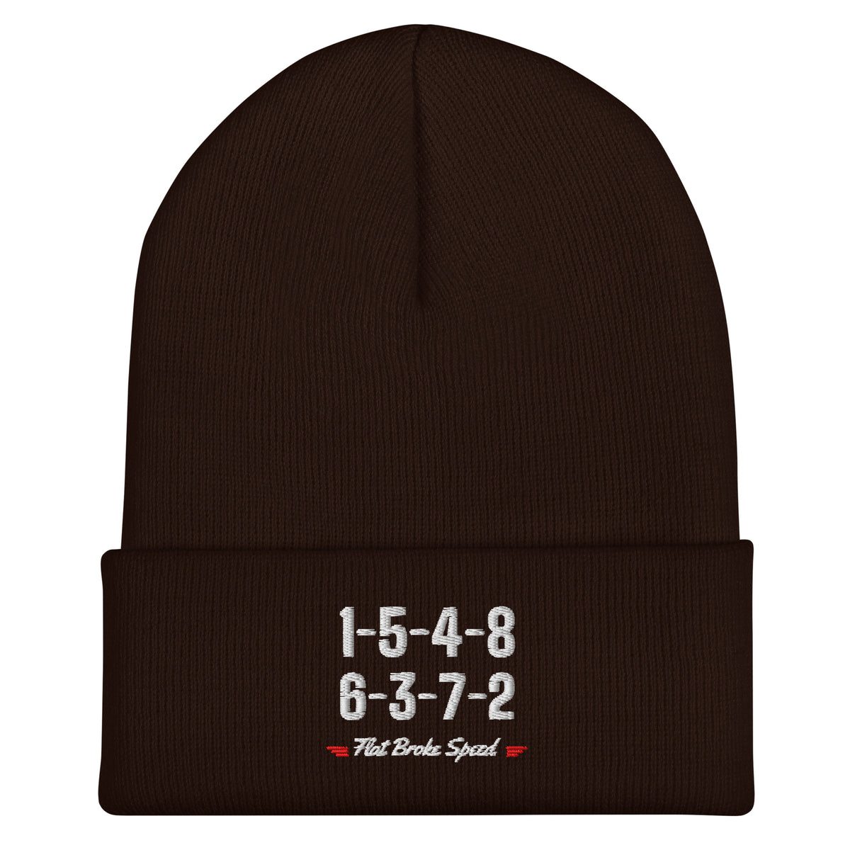 Flat Broke Speed 1-5-4-8 6-3-7-2 firing order cuffed beanie, Brown, front