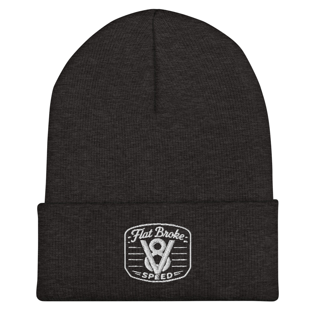 Flat Broke Speed V8 logo embroidered cuffed beanie, Dark Grey, front