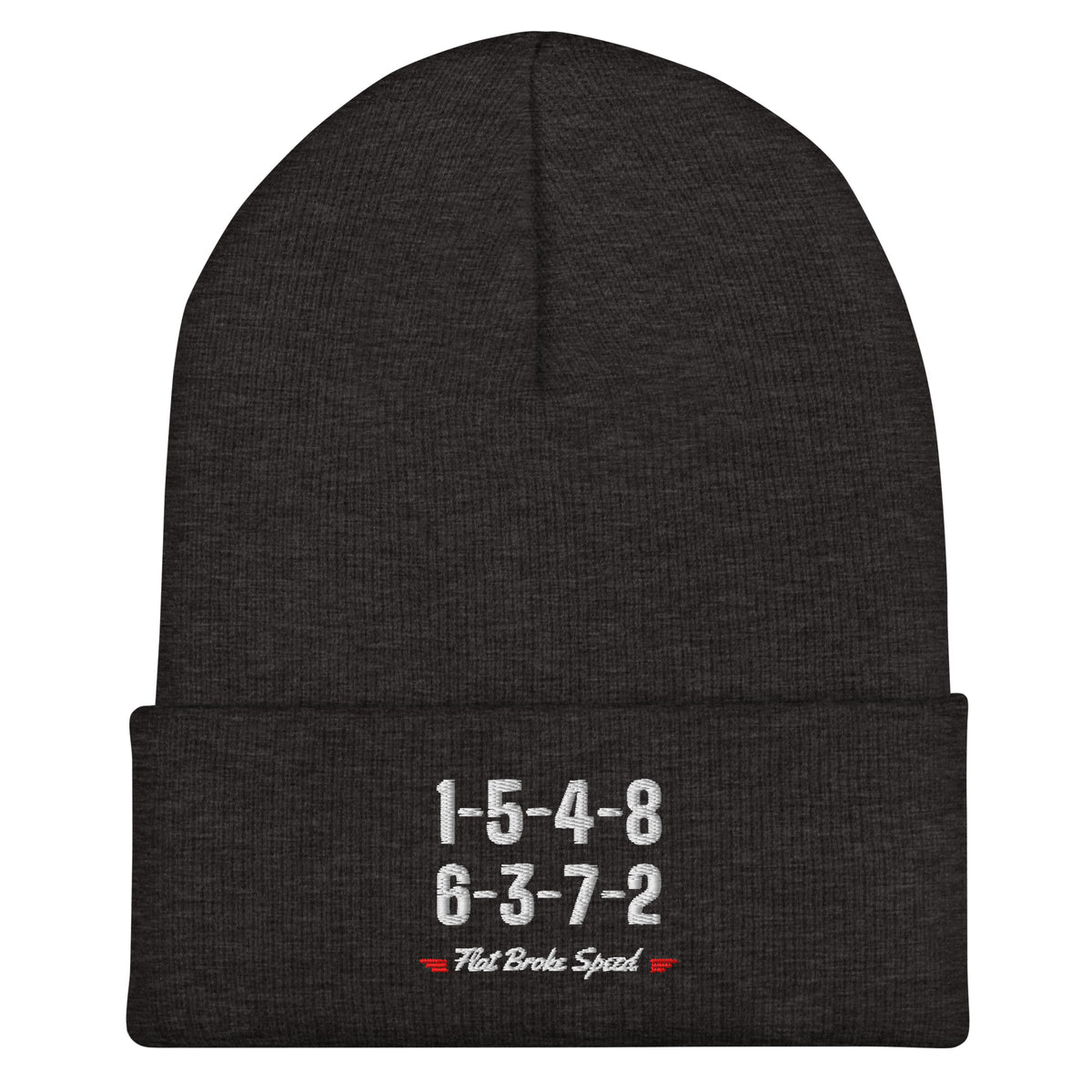 Flat Broke Speed 1-5-4-8 6-3-7-2 firing order cuffed beanie, Dark Grey, front