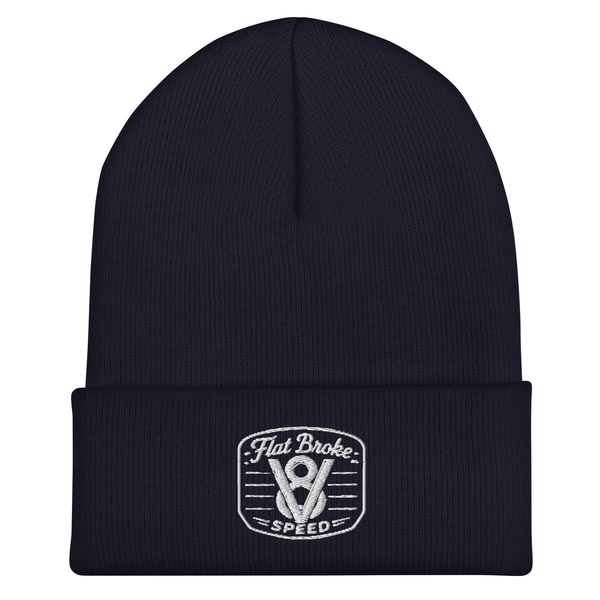 Flat Broke Speed V8 logo embroidered cuffed beanie, Navy, front