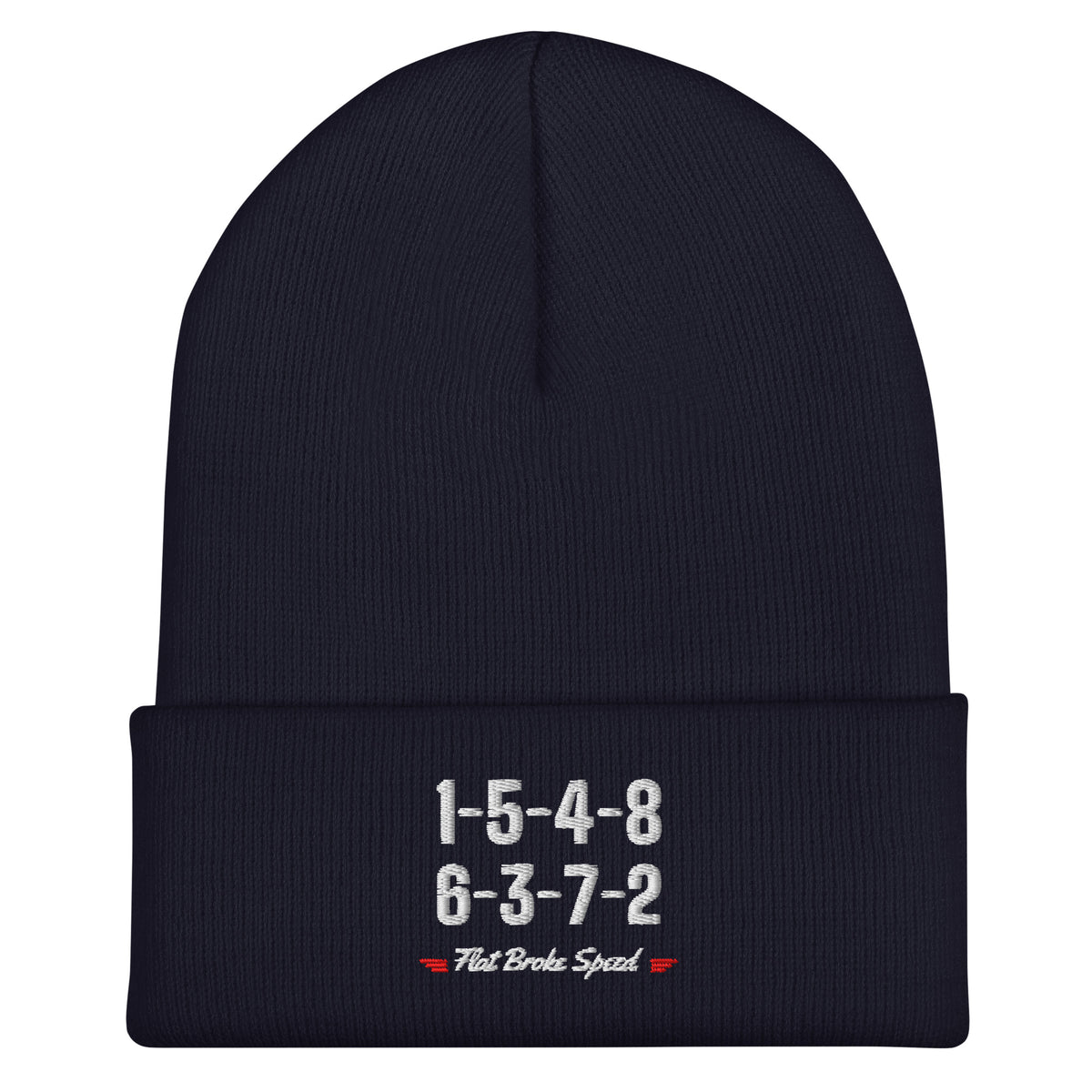 Flat Broke Speed 1-5-4-8 6-3-7-2 firing order cuffed beanie, Navy, front