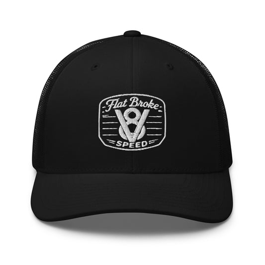 Flat Broke Speed V8 logo embroidered trucker hat, Black, front