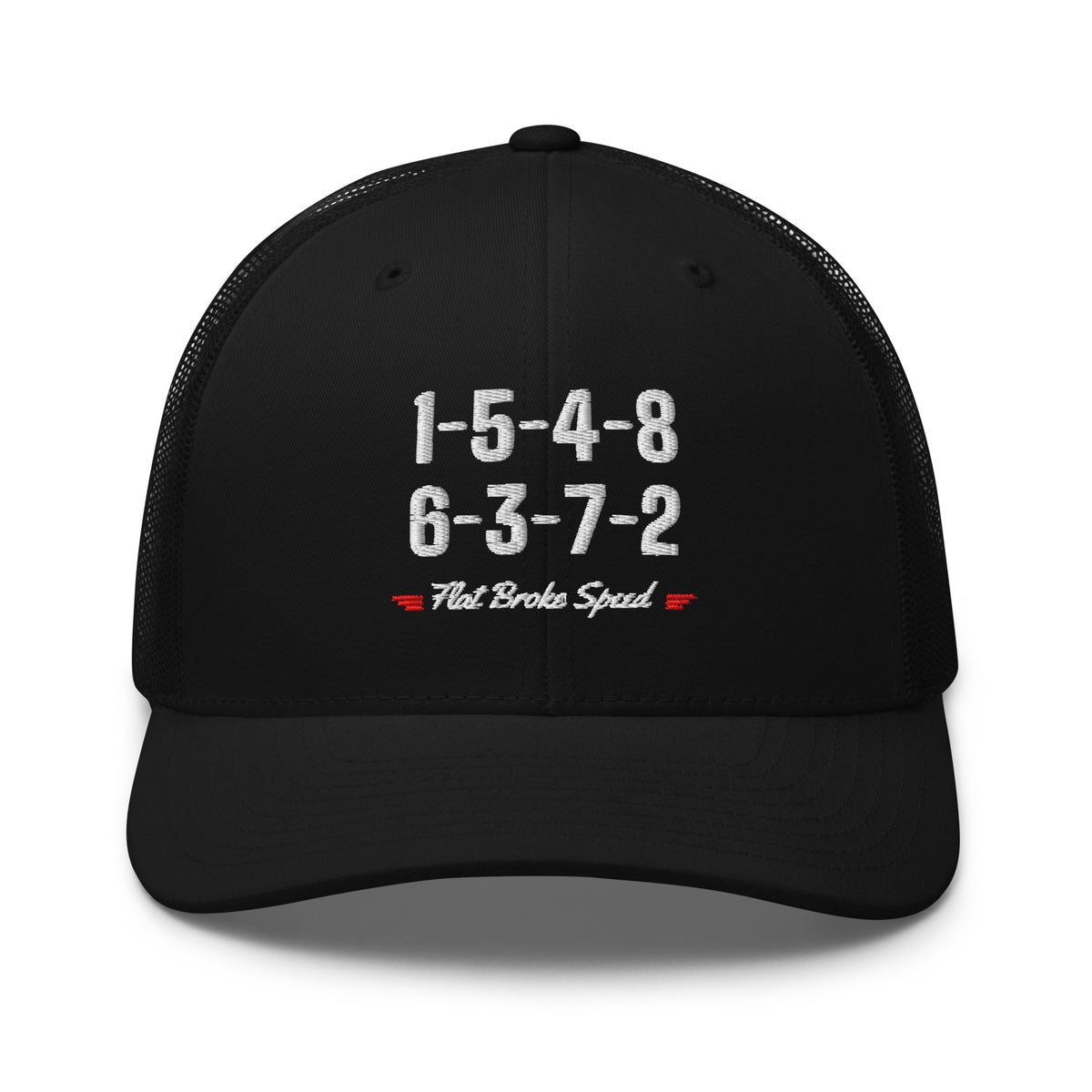 Flat Broke Speed 1-5-4-8 6-3-7-2 firing order embroidered trucker hat, Black, front