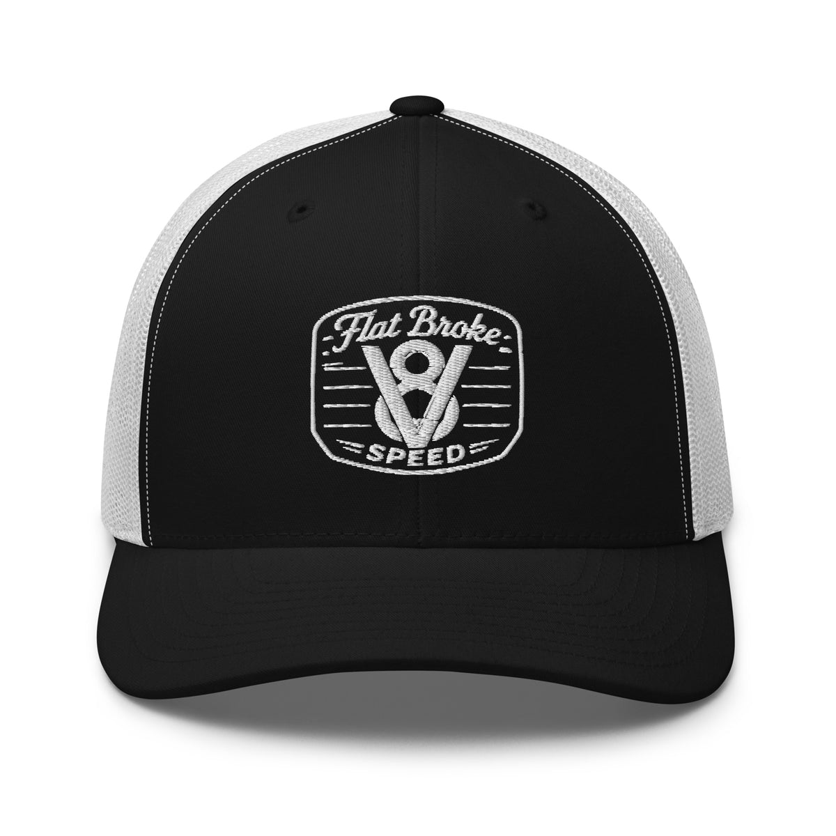 Flat Broke Speed V8 logo embroidered trucker hat, Black/White, front