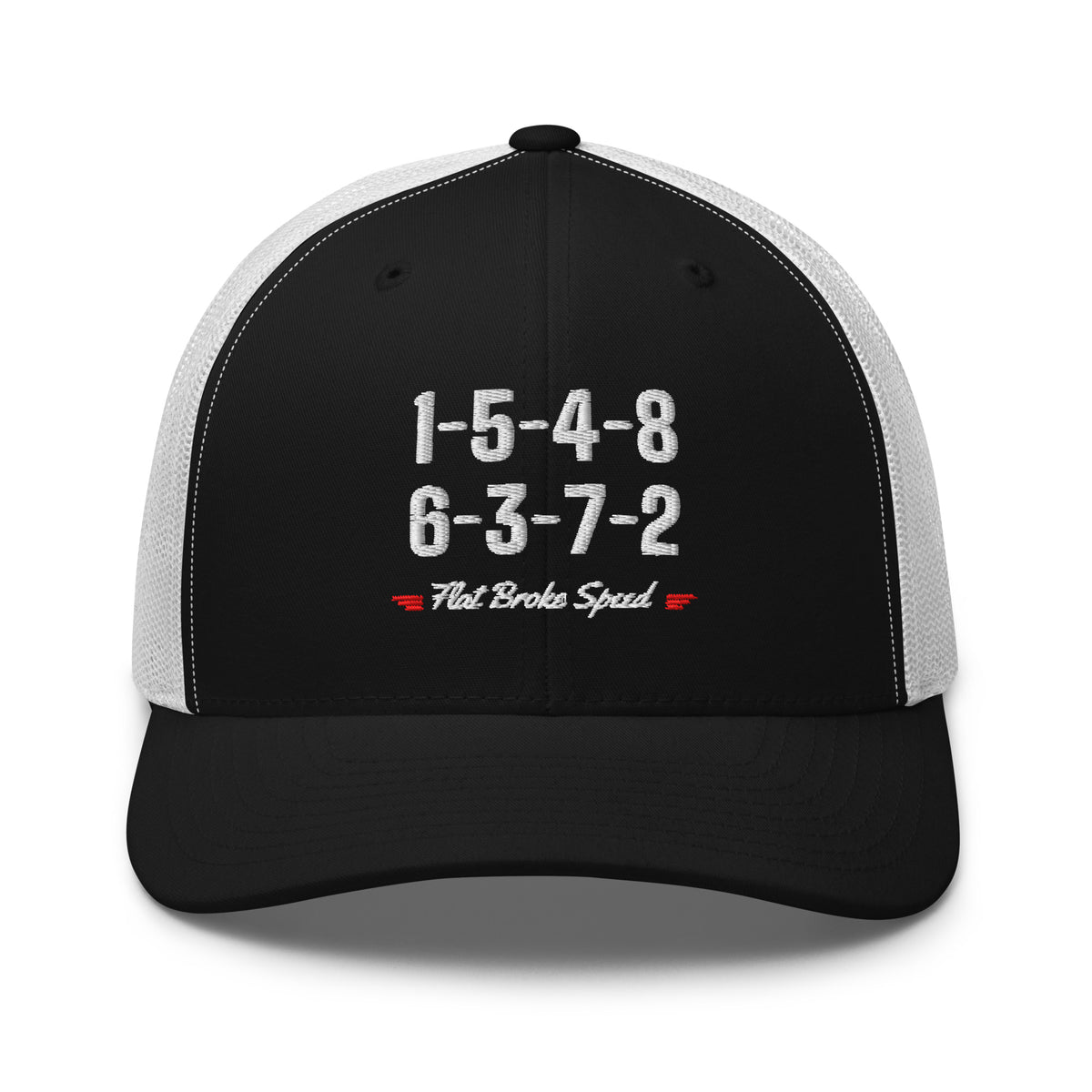 Flat Broke Speed 1-5-4-8 6-3-7-2 firing order embroidered trucker hat, Black/White, front