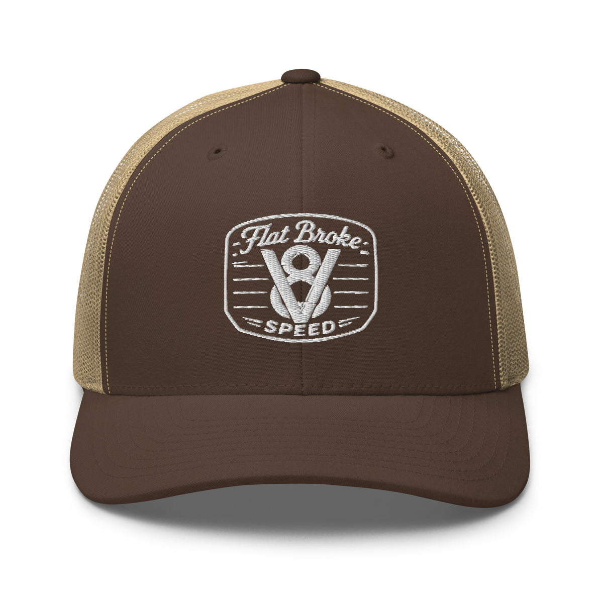 Flat Broke Speed V8 logo embroidered trucker hat, Brown/Khaki, front