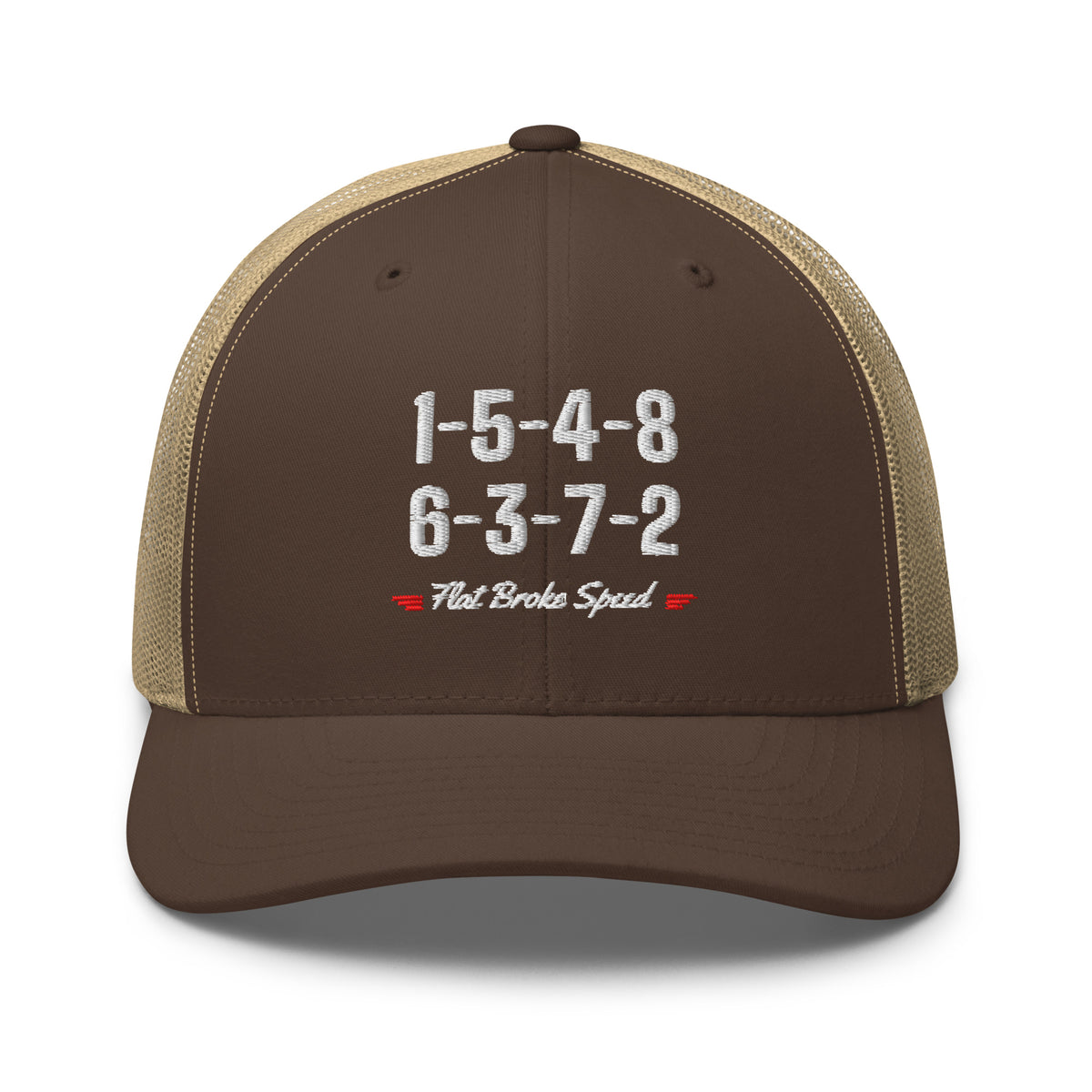 Flat Broke Speed 1-5-4-8 6-3-7-2 firing order embroidered trucker hat, Brown/Khaki, front