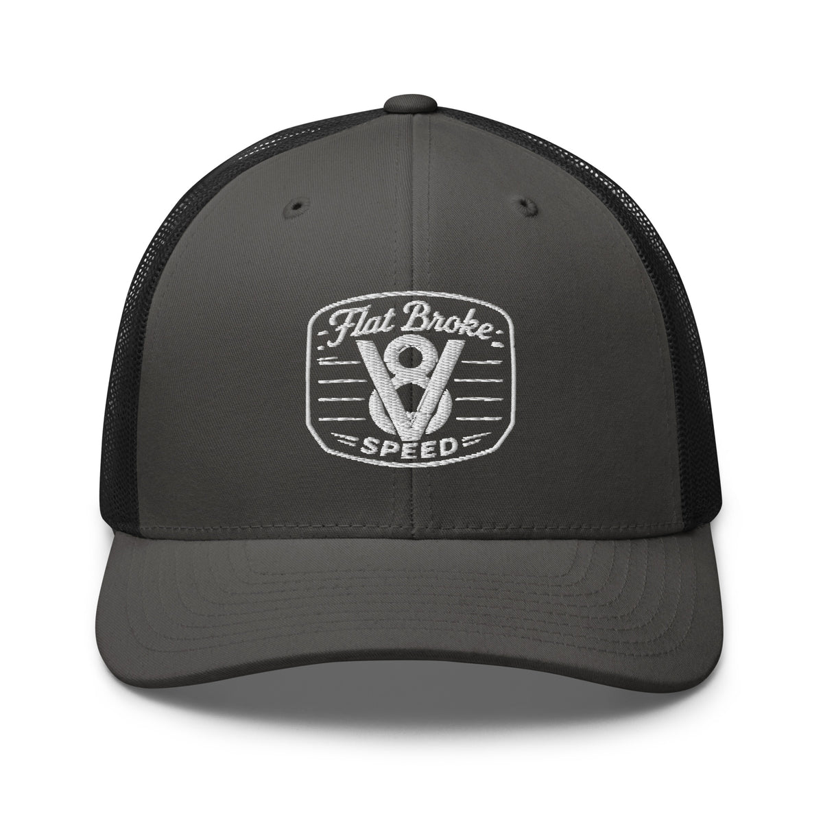Flat Broke Speed V8 logo embroidered trucker hat, Charcoal/Black, front