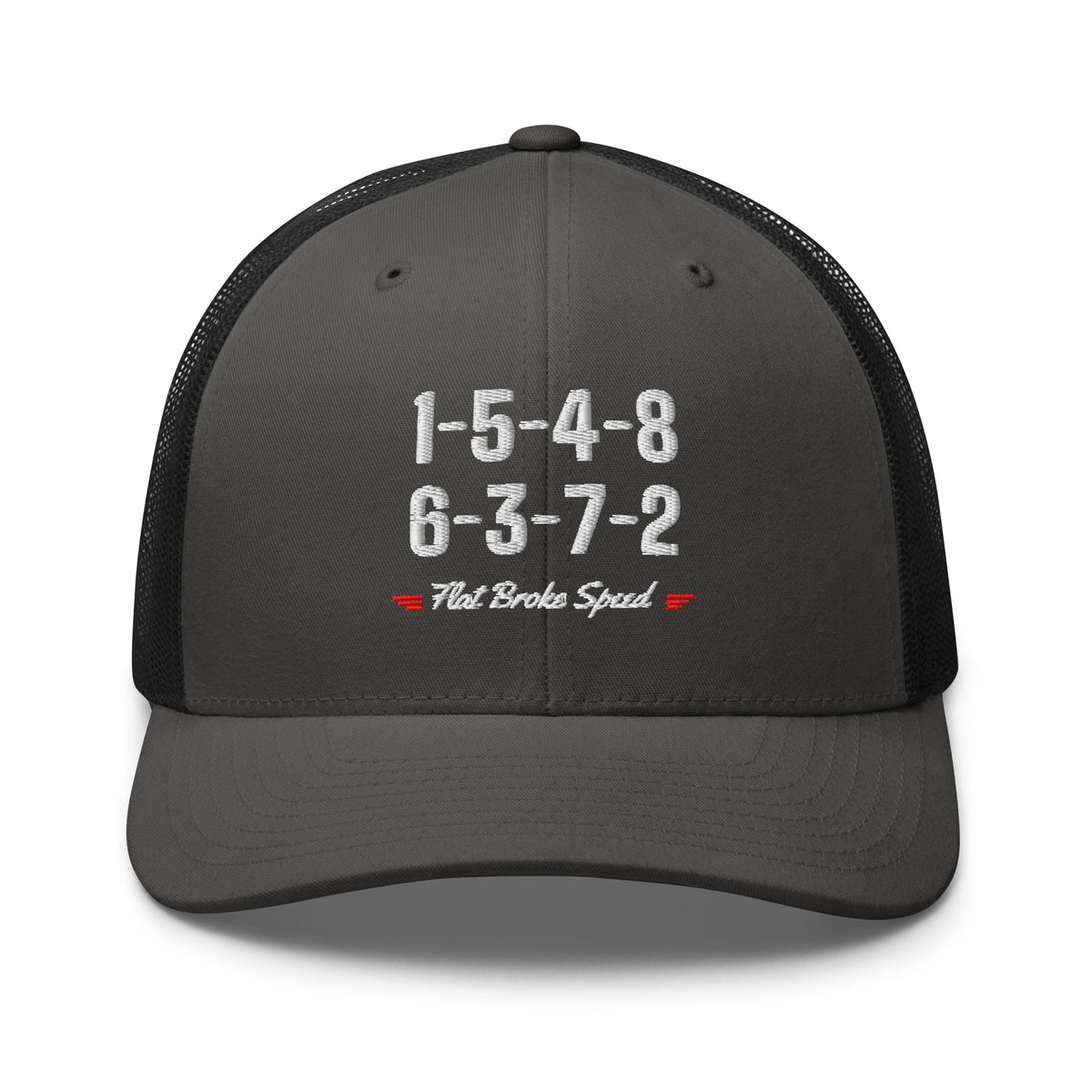 Flat Broke Speed 1-5-4-8 6-3-7-2 firing order embroidered trucker hat, Charcoal/Black, front