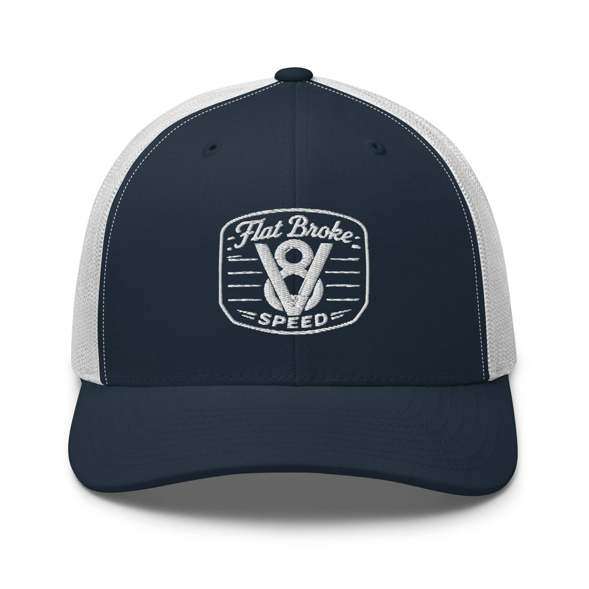 Flat Broke Speed V8 logo embroidered trucker hat, Navy/White, front