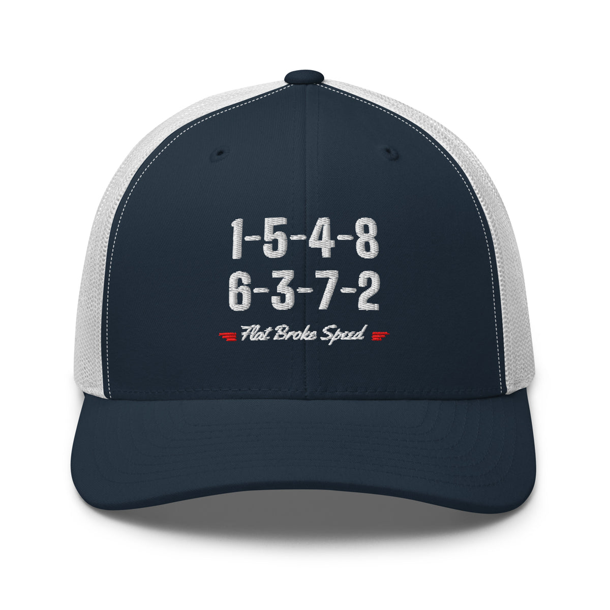 Flat Broke Speed 1-5-4-8 6-3-7-2 firing order embroidered trucker hat, Navy/White, front