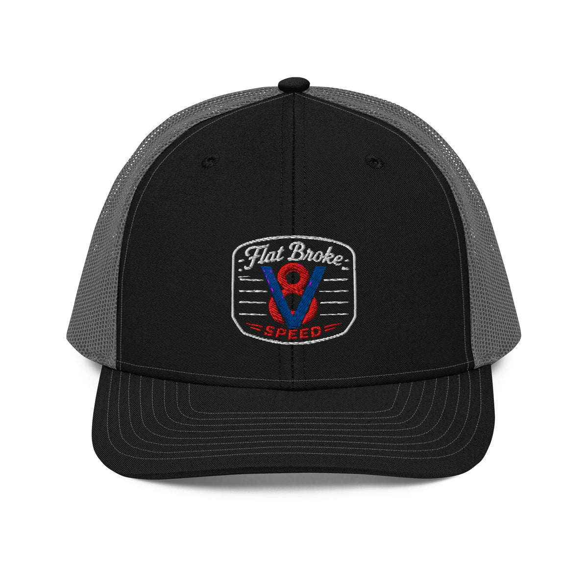 Flat Broke Speed V8 badge Richardson 112 trucker hat, Black/Charcoal, front