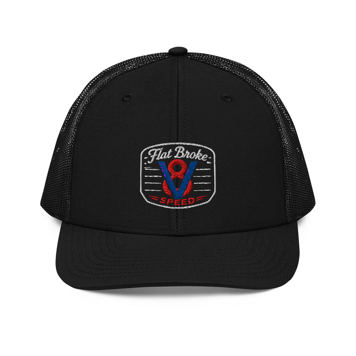 Flat Broke Speed V8 badge Richardson 112 trucker hat, Black, front