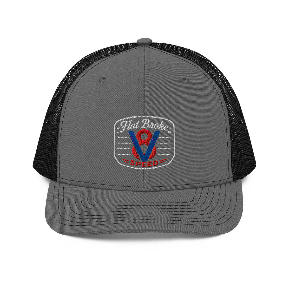 Flat Broke Speed V8 badge Richardson 112 trucker hat, Charcoal/Black, front