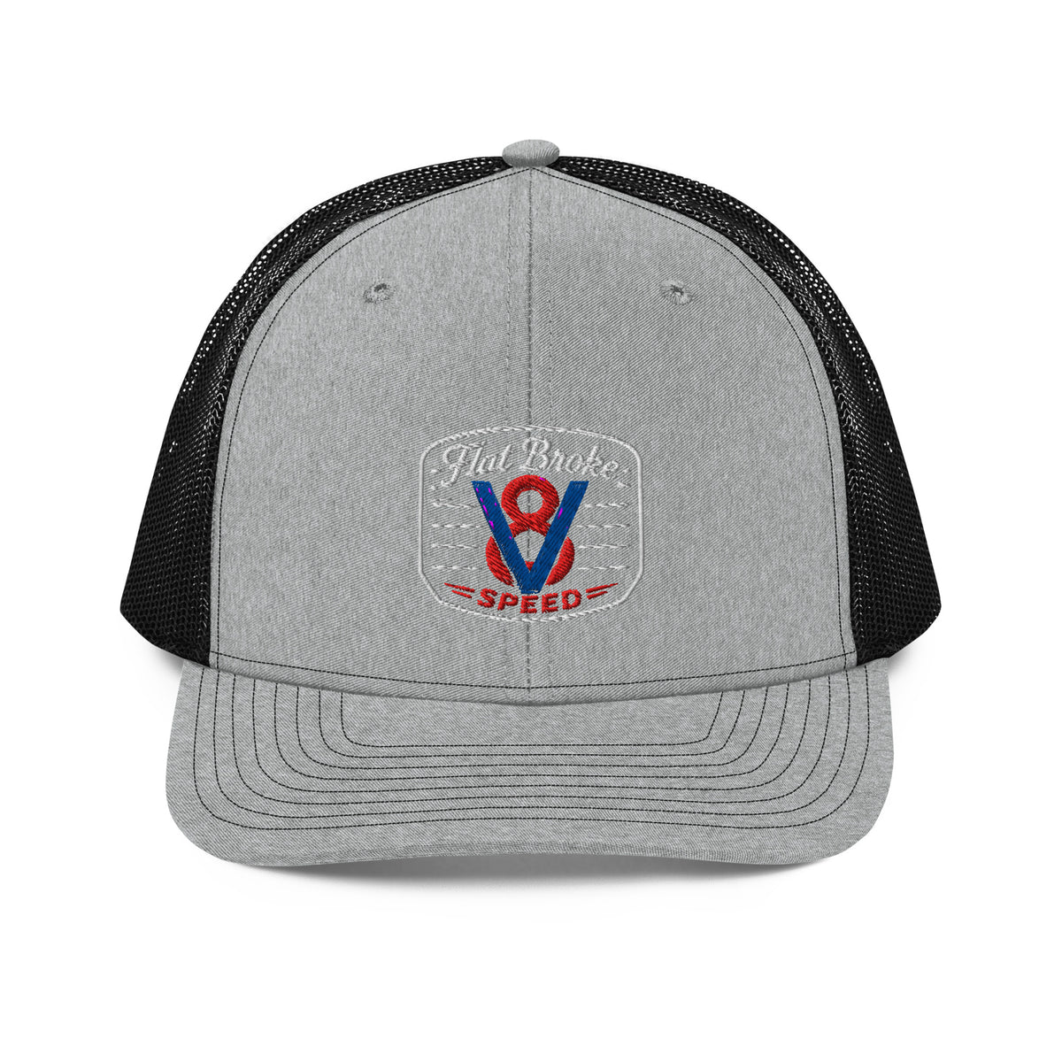 Flat Broke Speed V8 badge Richardson 112 trucker hat, Heather Grey/Black, front