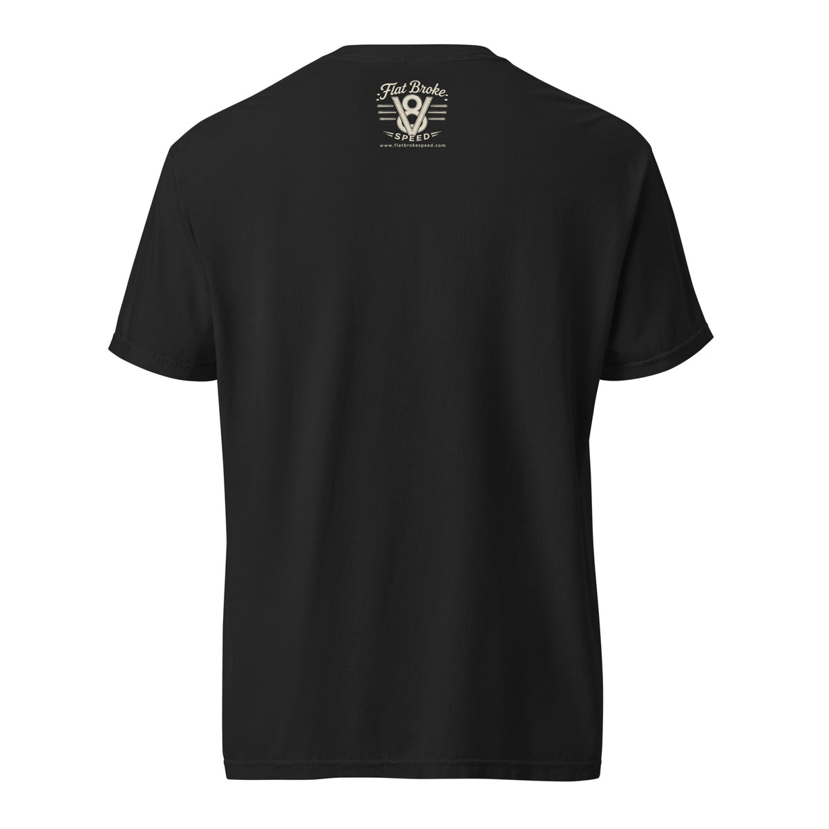 Flat Broke Speed Since 2016 V8 badge heavyweight t-shirt, Black, back