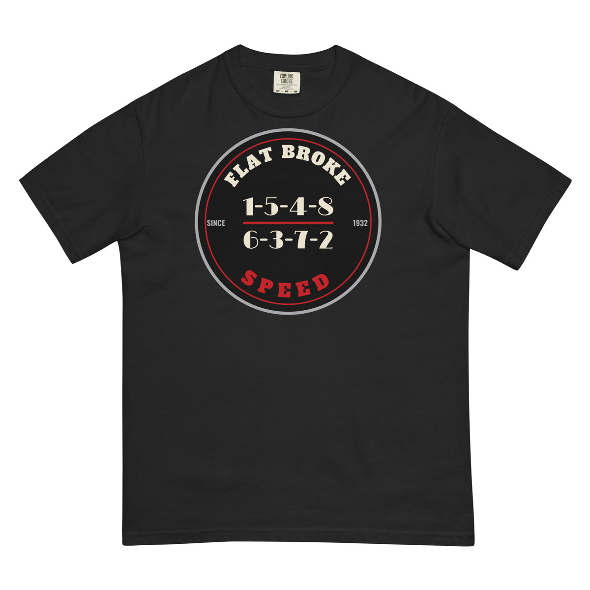 Flat Broke Speed 1932 firing order badge heavyweight t-shirt, Black, front