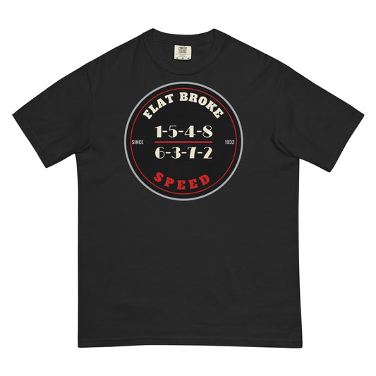 Flat Broke Speed 1932 firing order badge heavyweight t-shirt, Black, front