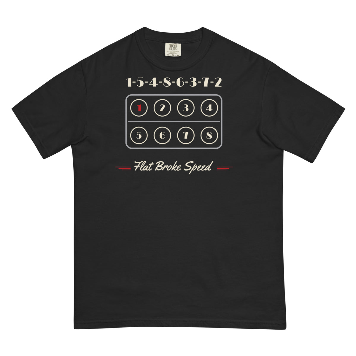 Flat Broke Speed flathead V8 cylinder map firing order heavyweight t-shirt, Black, front
