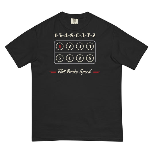 Flat Broke Speed flathead V8 cylinder map firing order heavyweight t-shirt, Black, front