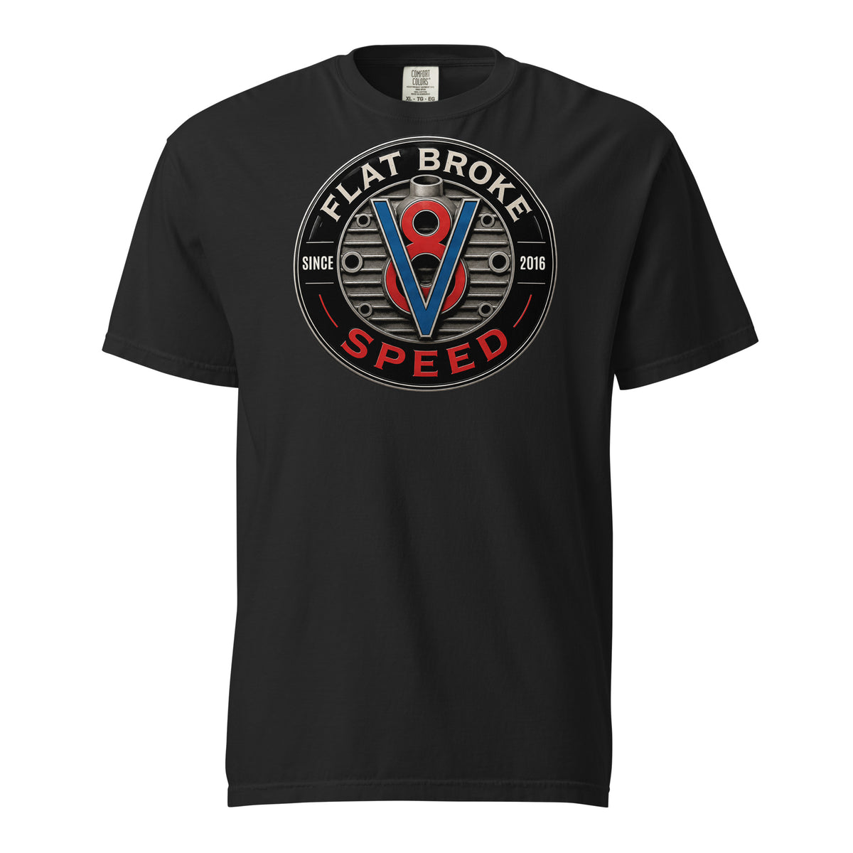 Flat Broke Speed Since 2016 V8 badge heavyweight t-shirt, Black, front