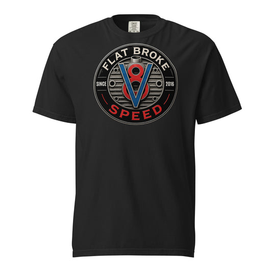 Flat Broke Speed Since 2016 V8 badge heavyweight t-shirt, Black, front