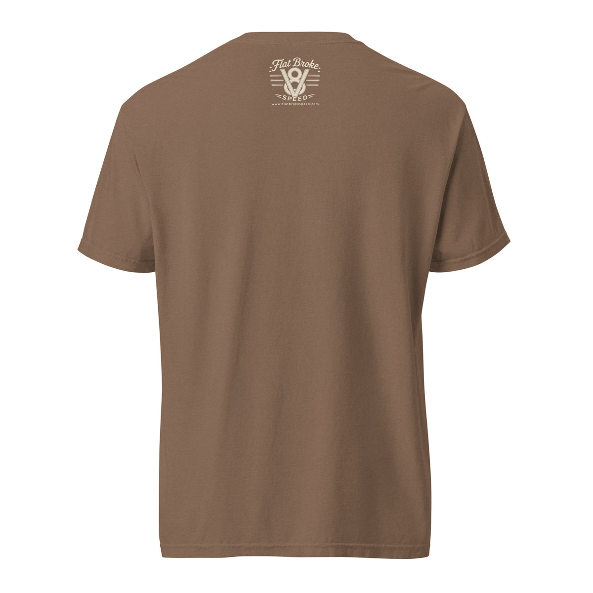 Flat Broke Speed Since 2016 V8 badge heavyweight t-shirt, Espresso, back
