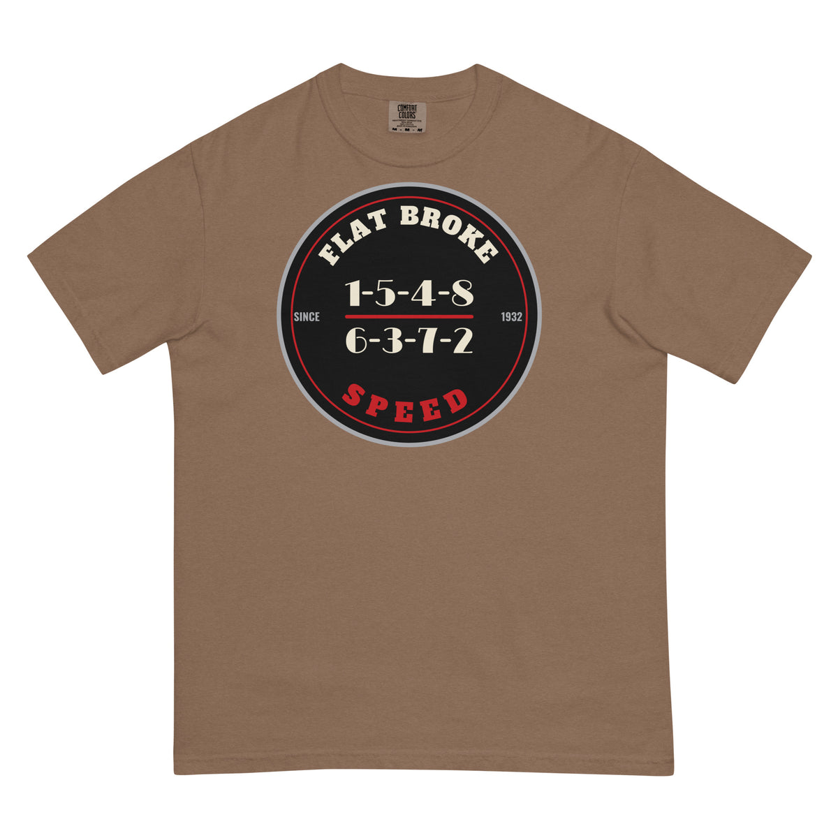 Flat Broke Speed 1932 firing order badge heavyweight t-shirt, Espresso, front