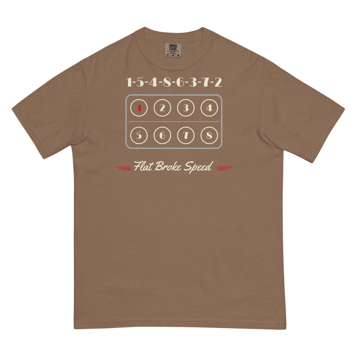 Flat Broke Speed flathead V8 cylinder map firing order heavyweight t-shirt, Espresso, front