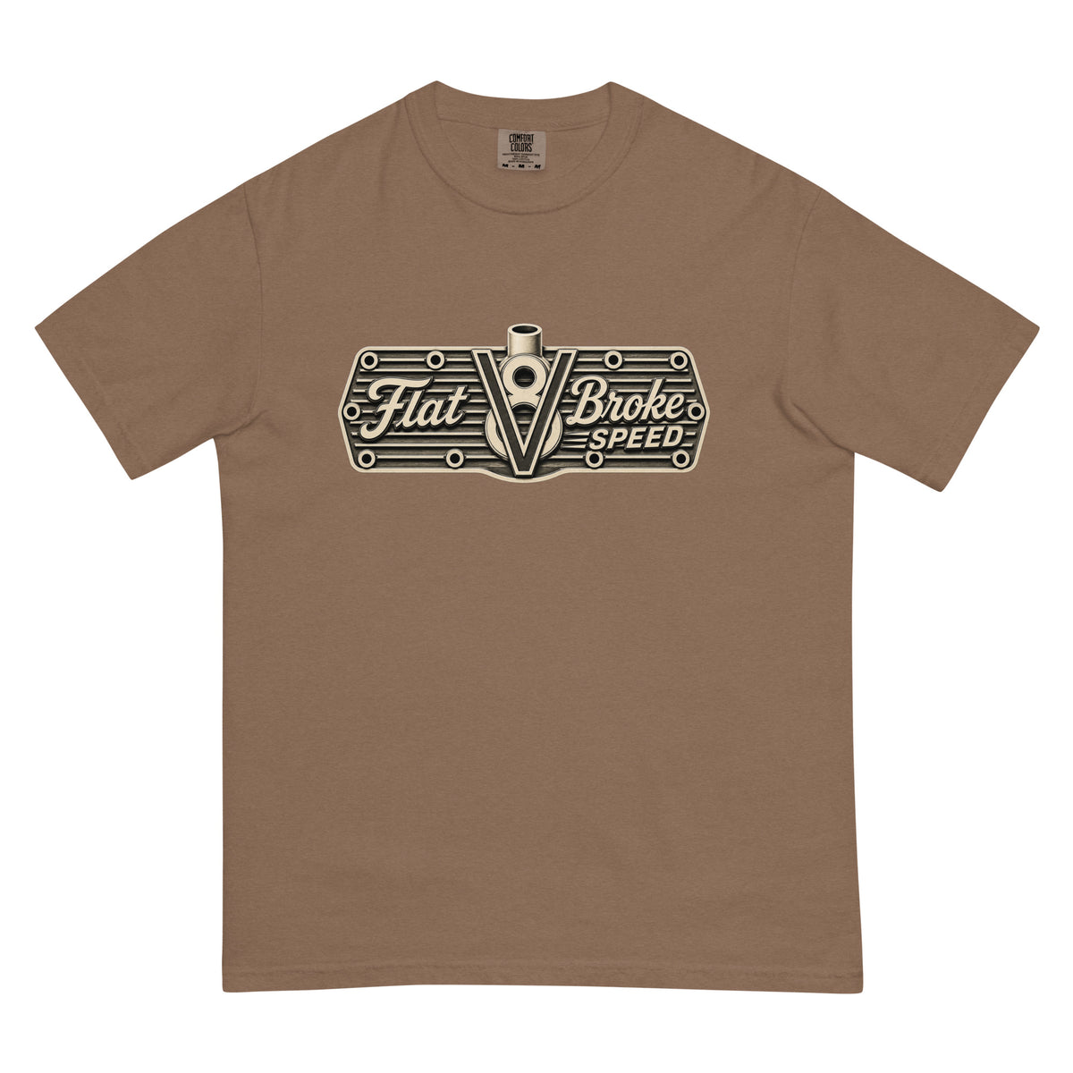 Flat Broke Speed V8 logo one-color heavyweight t-shirt, Espresso, front