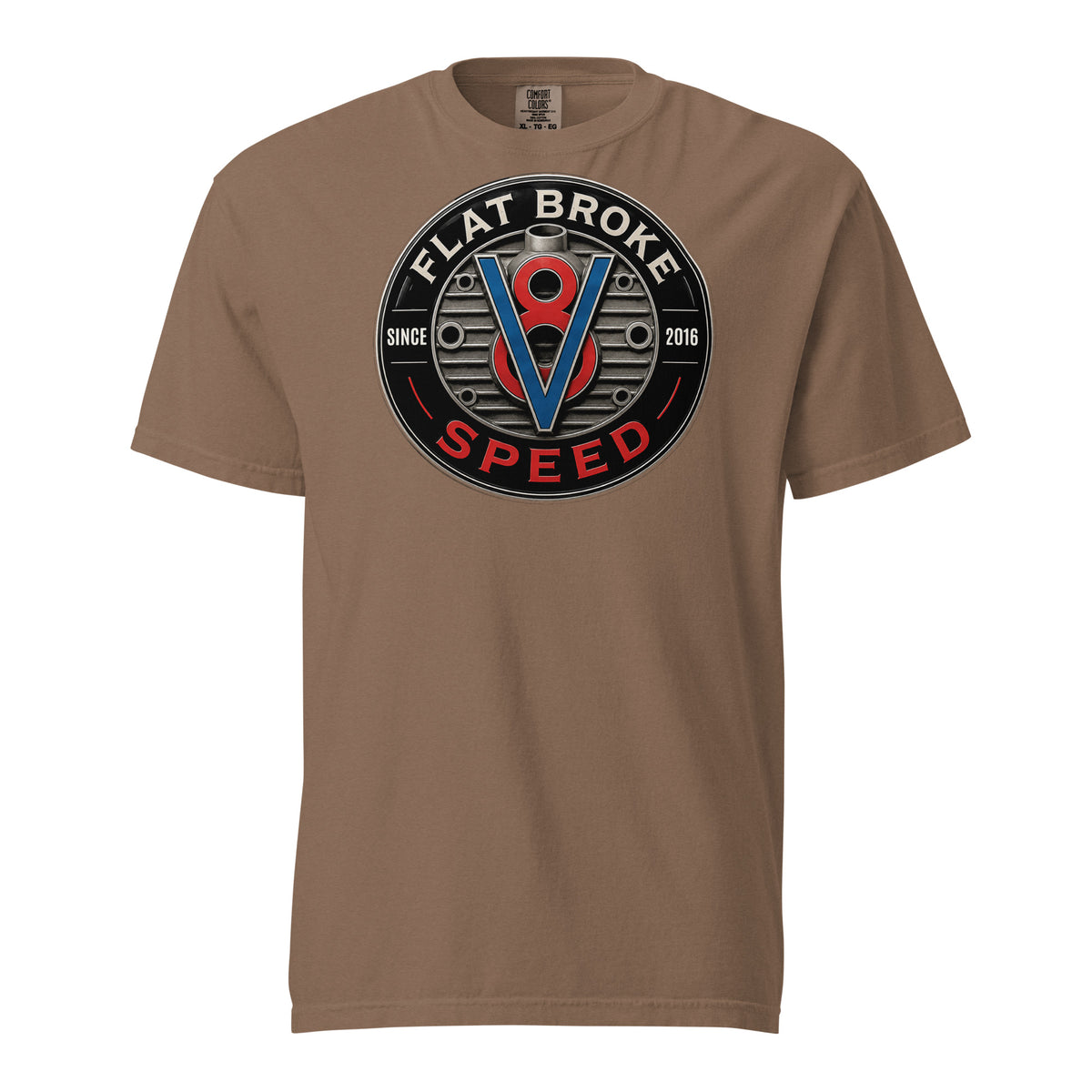 Flat Broke Speed Since 2016 V8 badge heavyweight t-shirt, Espresso, front